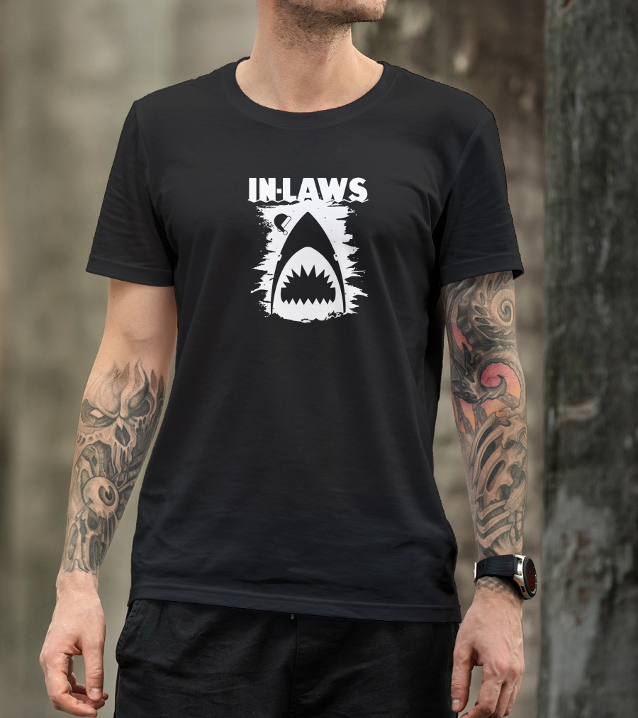 IN-LAWS Shark Illustration With Paint Splatter Background T-Shirt