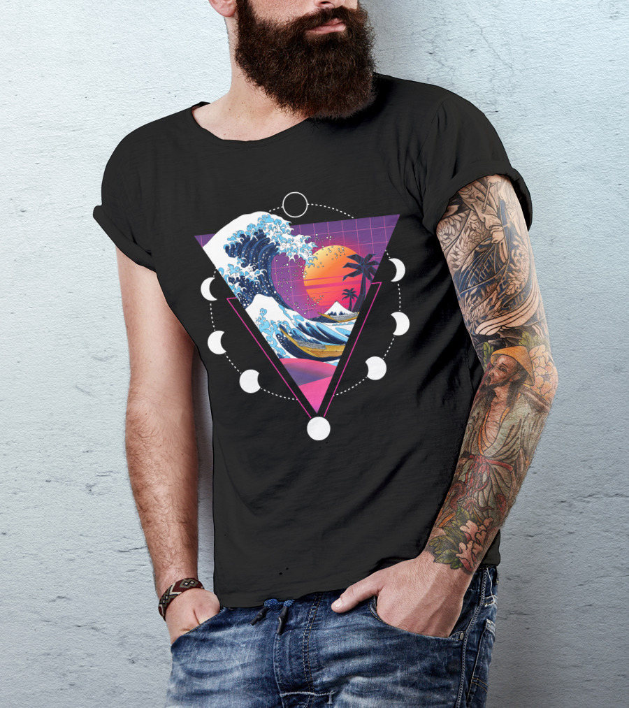 Kanagawa Oki Nami Ura Great Wave Synthwave Sun Collage T-Shirt