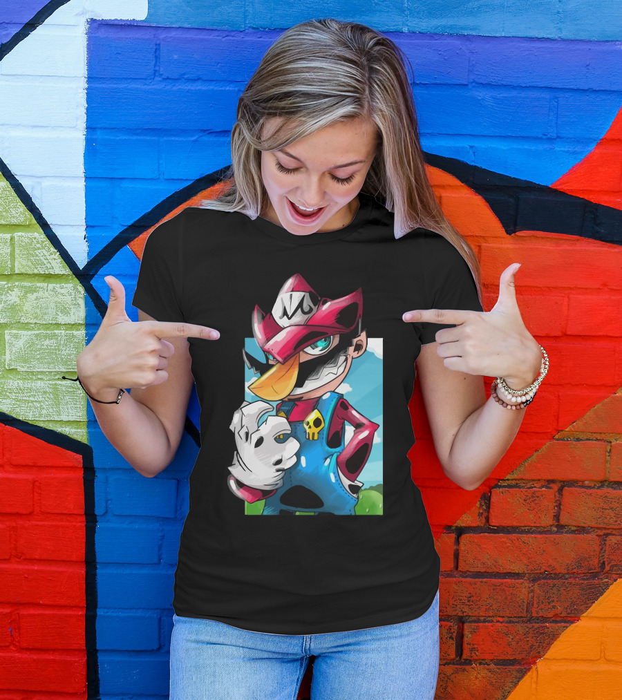 Makai Mario Crossover Character With Skull Emblem And Mischievous Expression T-Shirt