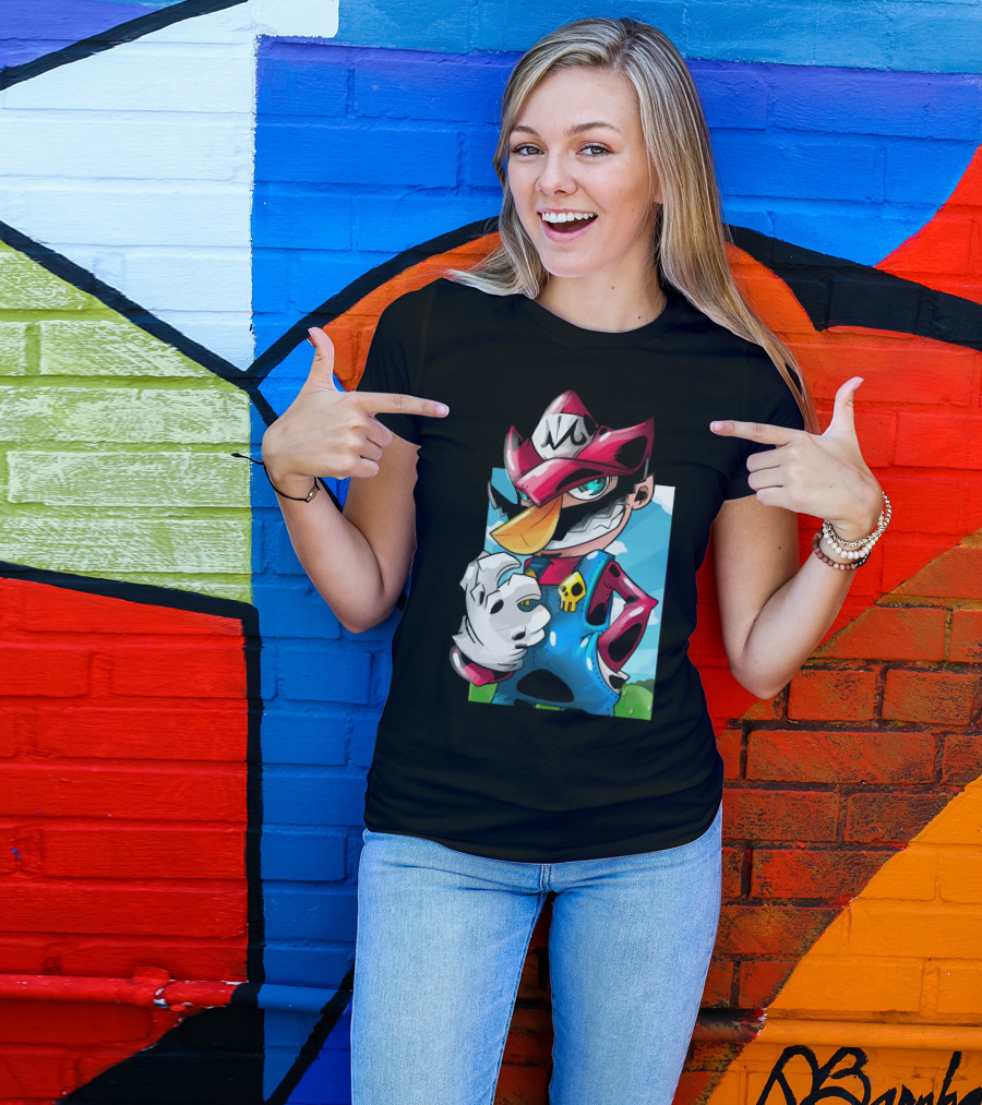 Makai Mario Crossover Character With Skull Emblem And Mischievous Expression T-Shirt