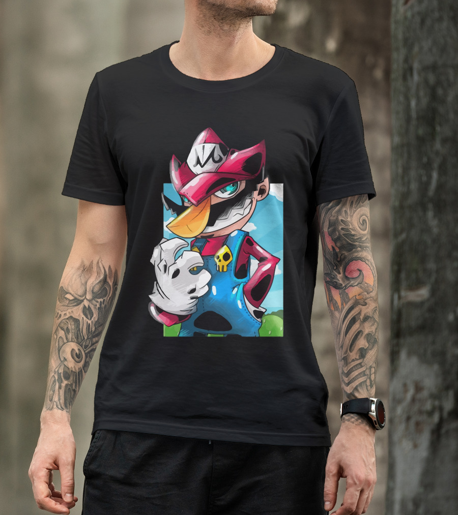 Makai Mario Crossover Character With Skull Emblem And Mischievous Expression T-Shirt
