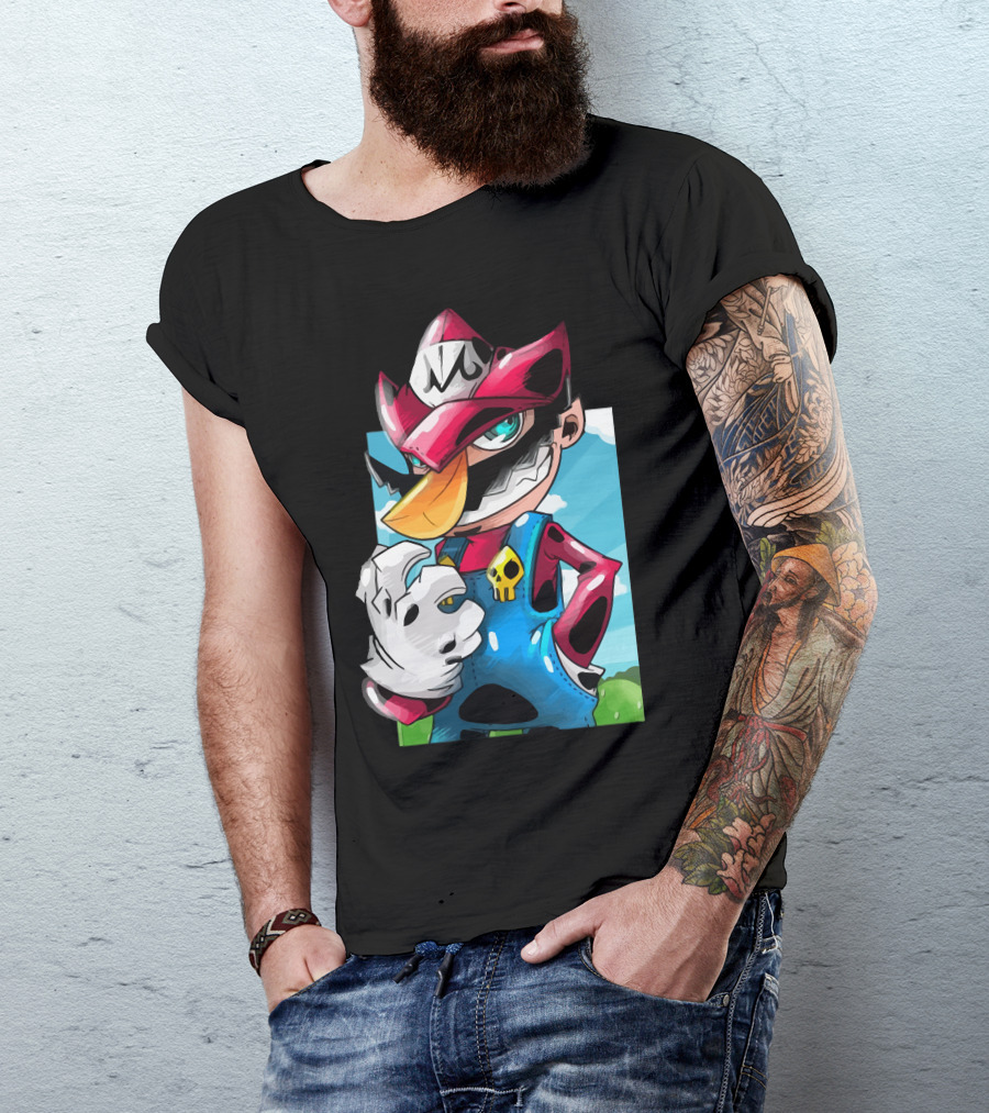 Makai Mario Crossover Character With Skull Emblem And Mischievous Expression T-Shirt