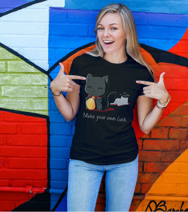 Make Your Own Luck Black Cat With Gold Coin And Halo Kitty T-Shirt