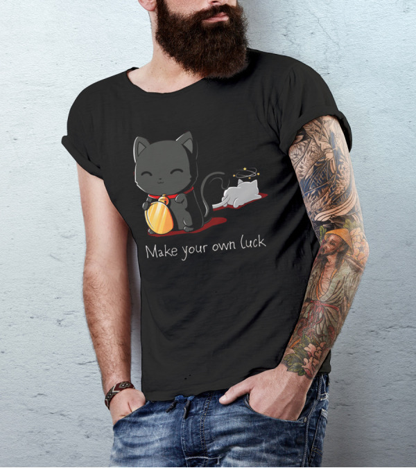 Make Your Own Luck Black Cat With Gold Coin And Halo Kitty T-Shirt