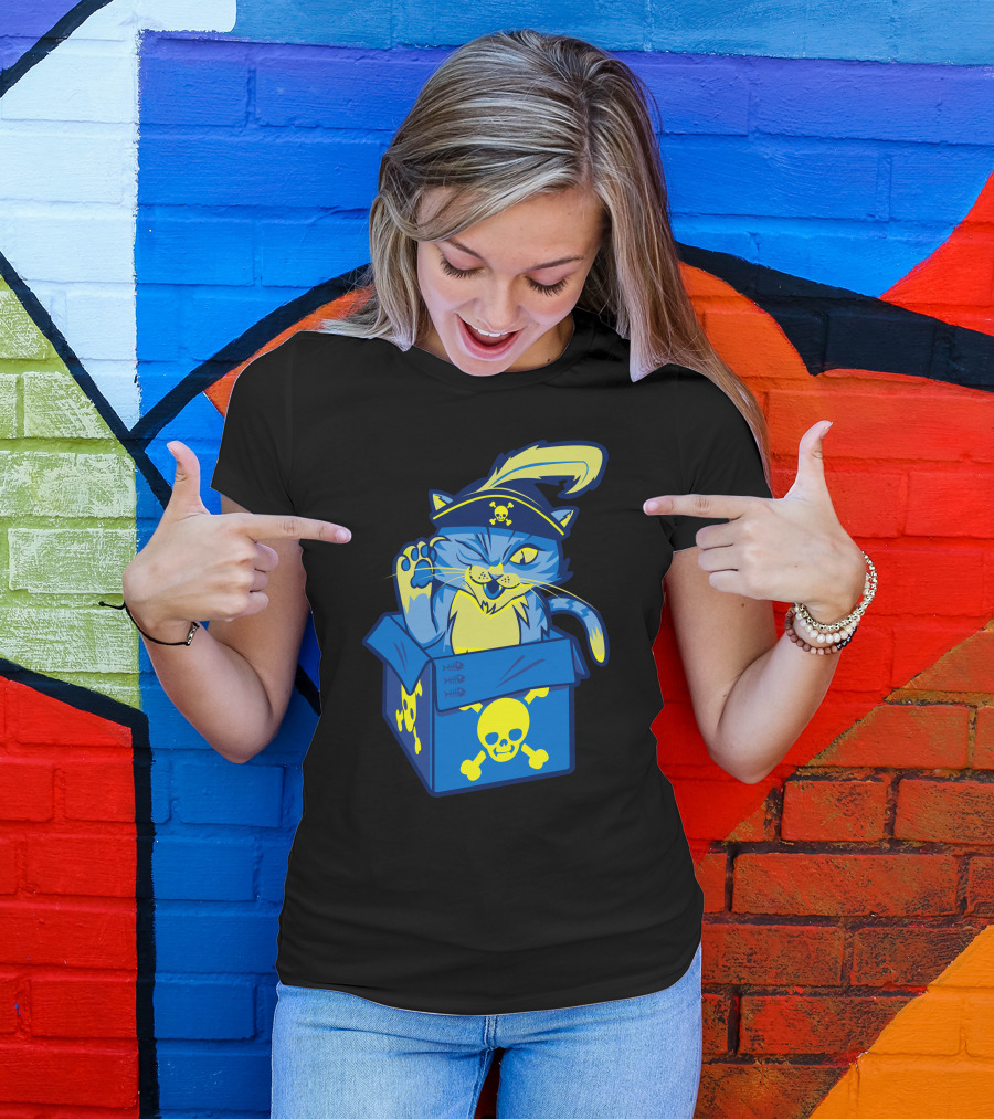 Captain Meow Pirate Cat In Skull And Crossbones Box T-Shirt