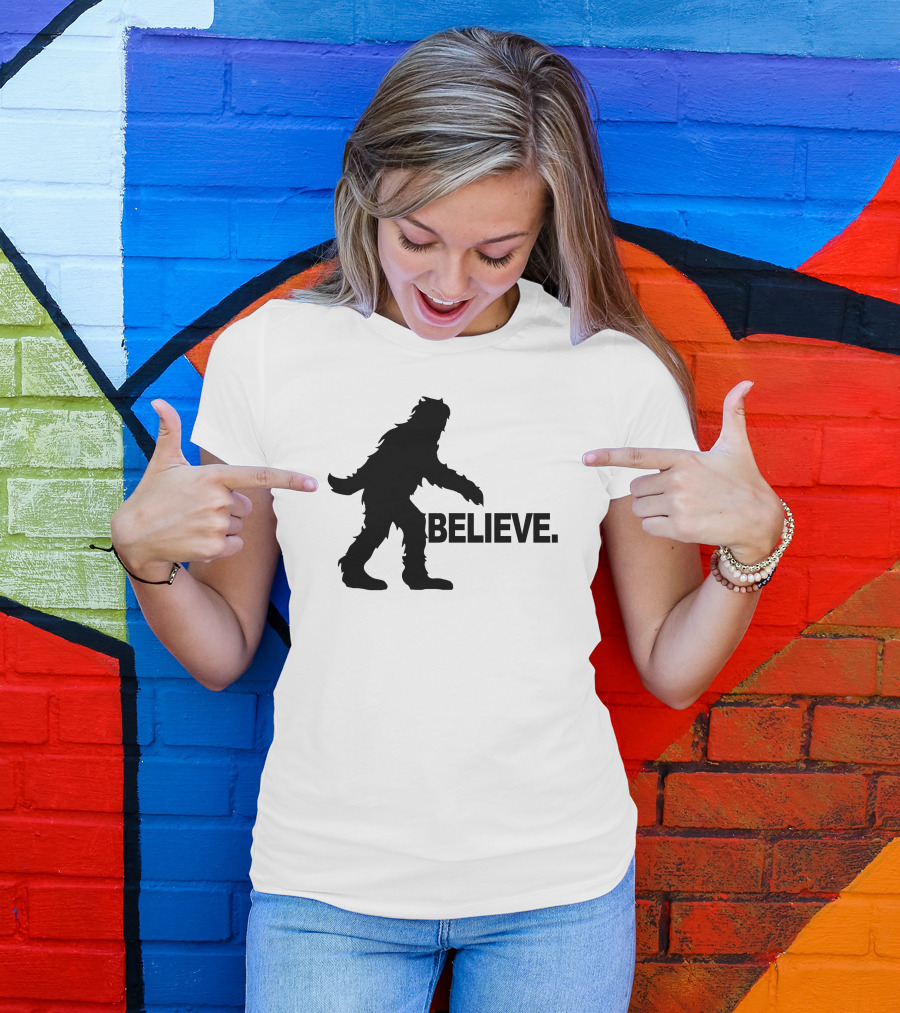 Gfoot Believe Bigfoot Silhouette Believe Text T-Shirt