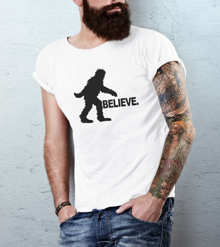 Gfoot Believe Bigfoot Silhouette Believe Text T-Shirt
