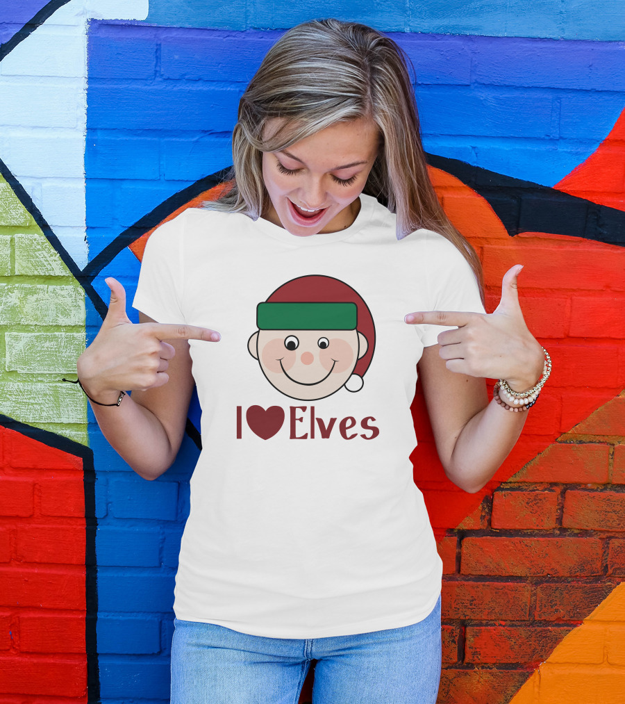 I Heart Elves Smiling Cartoon Face With Santa Hat T-Shirt