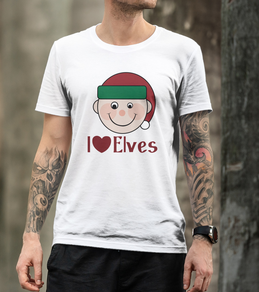 I Heart Elves Smiling Cartoon Face With Santa Hat T-Shirt