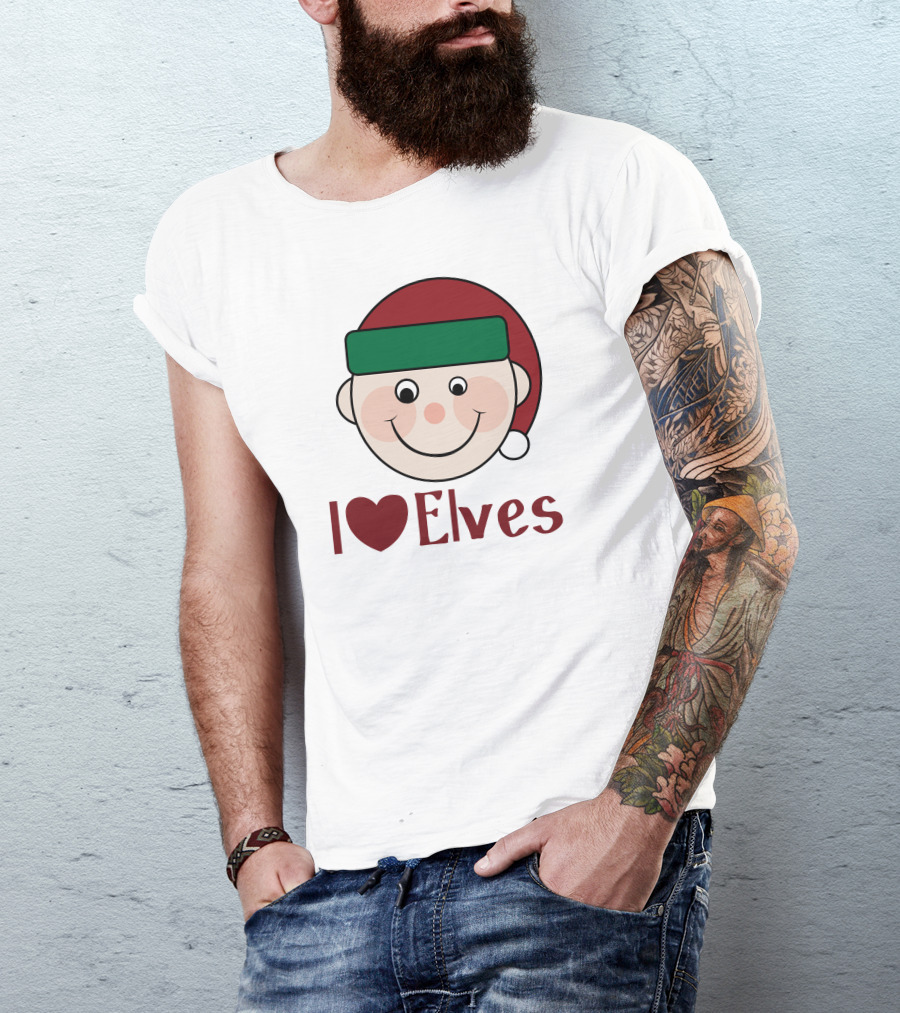 I Heart Elves Smiling Cartoon Face With Santa Hat T-Shirt