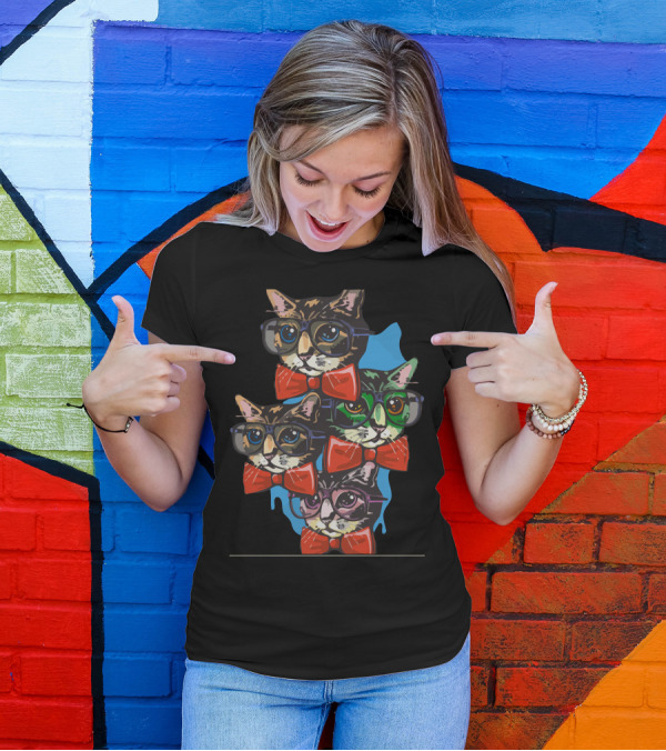 Nerd Cat Glasses And Bow Ties Quad T-Shirt