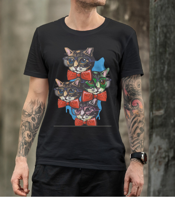 Nerd Cat Glasses And Bow Ties Quad T-Shirt