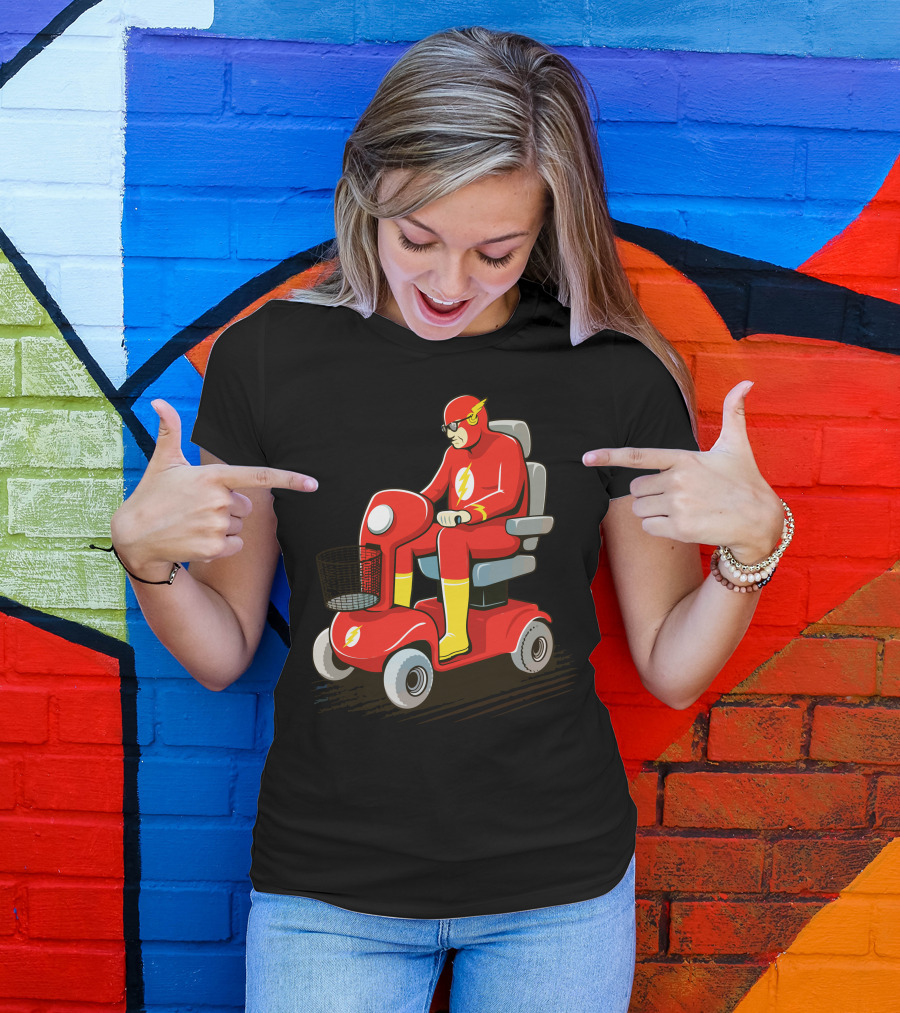 Slow Speedster On Red Mobility Scooter With Lightning Bolt Emblem T-Shirt