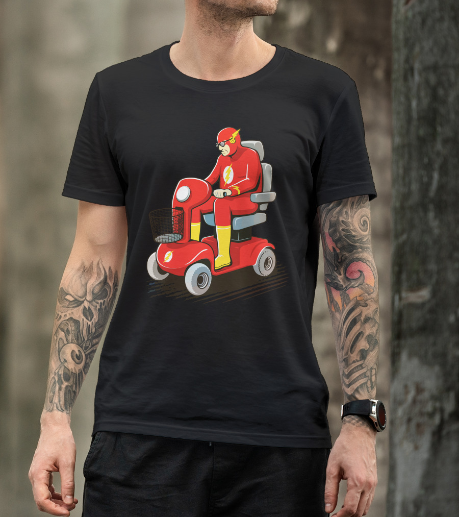 Slow Speedster On Red Mobility Scooter With Lightning Bolt Emblem T-Shirt