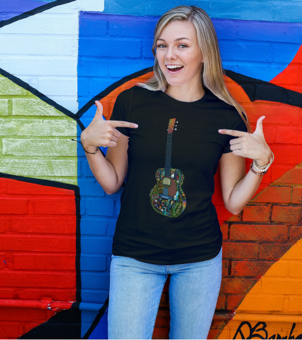 Psychedelic Floral Acoustic Guitar With Peace Symbol Full Colour T-Shirt