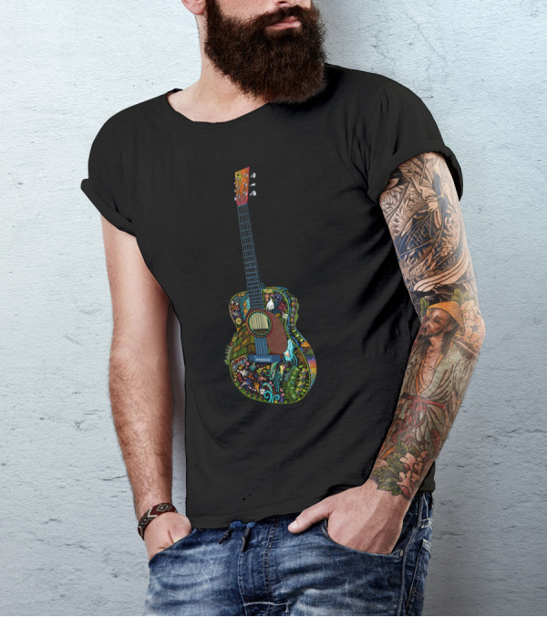 Psychedelic Floral Acoustic Guitar With Peace Symbol Full Colour T-Shirt