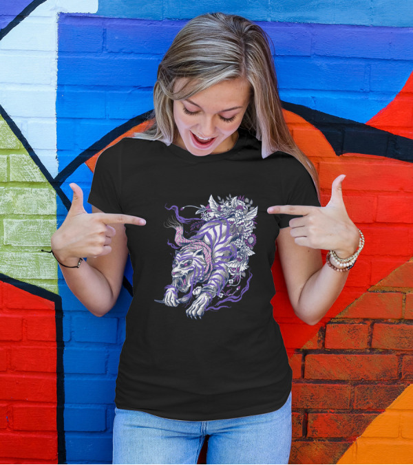 Ajian Macan Putih Tiger With Floral And Vine Elements T-Shirt