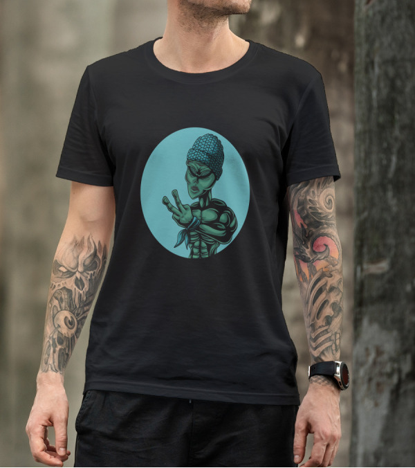 Alien Gangster Style Rapper With Beanie And Bandana T-Shirt
