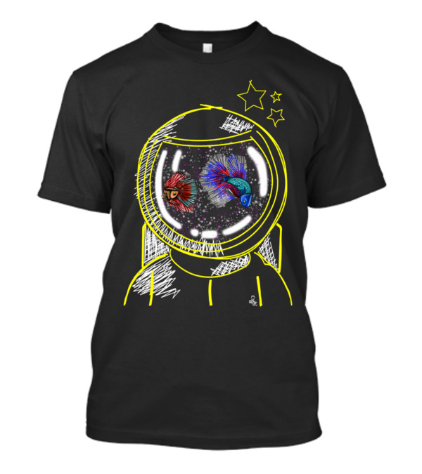 Astronaut Helmet With Colorful Fish In Space And Yellow Stars T-Shirt