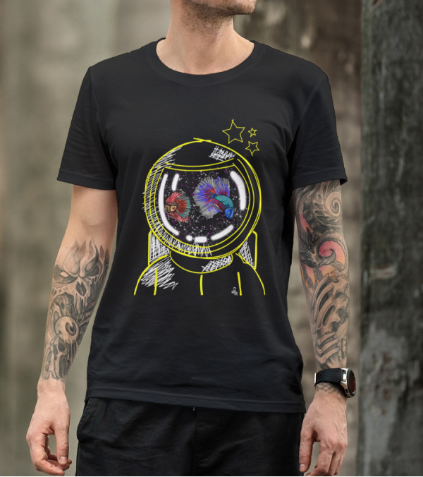 Astronaut Helmet With Colorful Fish In Space And Yellow Stars T-Shirt