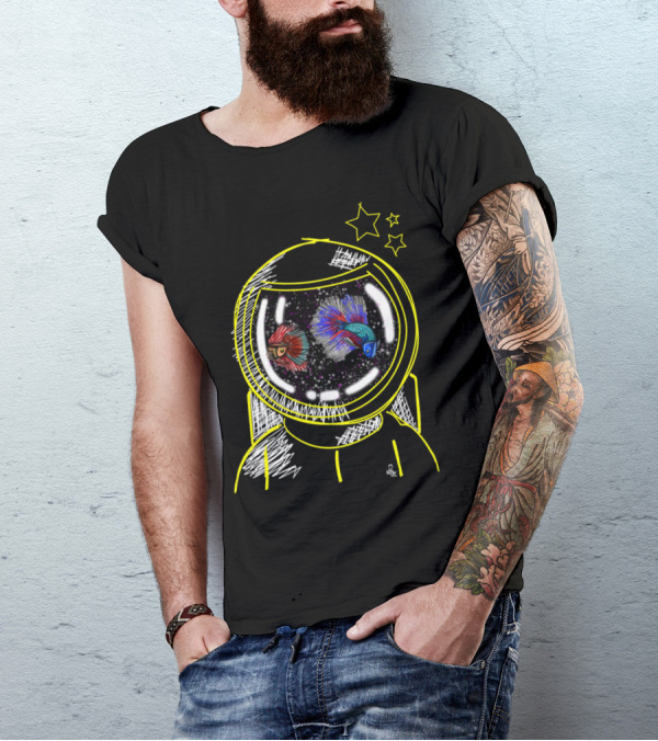Astronaut Helmet With Colorful Fish In Space And Yellow Stars T-Shirt