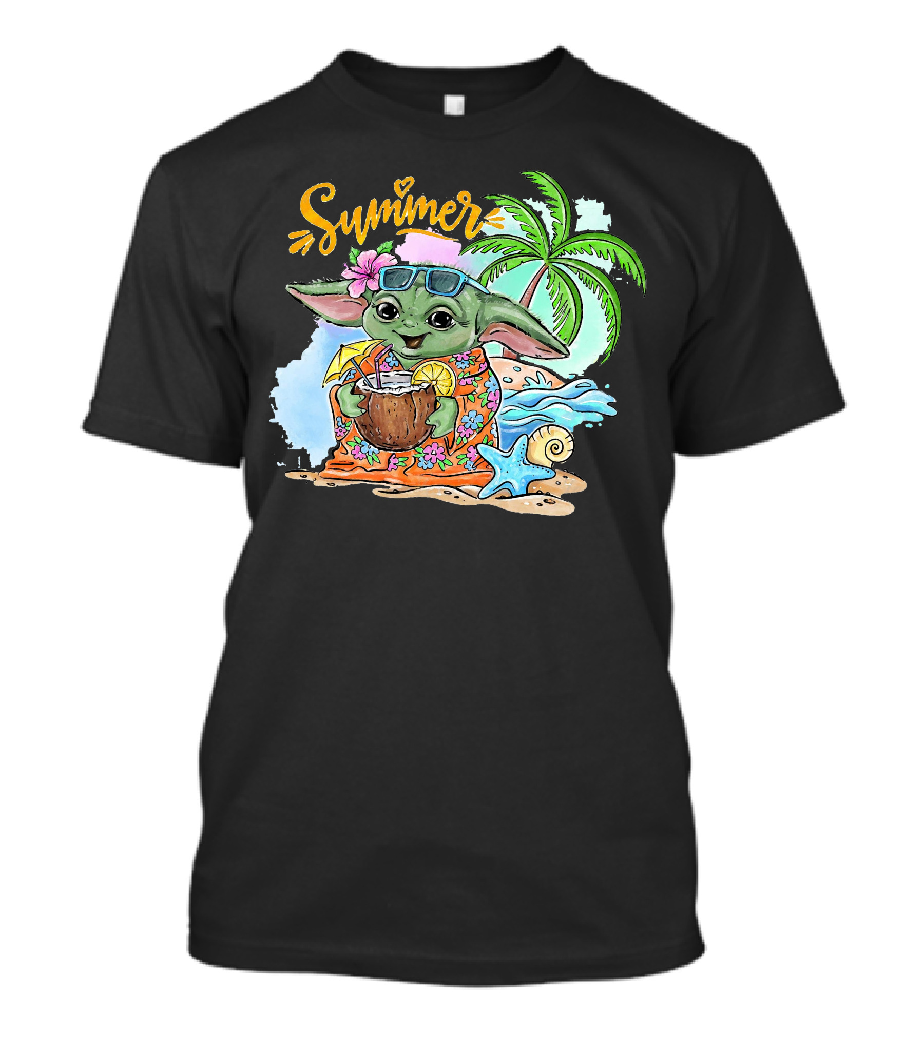 Summer Baby Yoda Beach Vibes With Palm And Coconut Drink T-Shirt