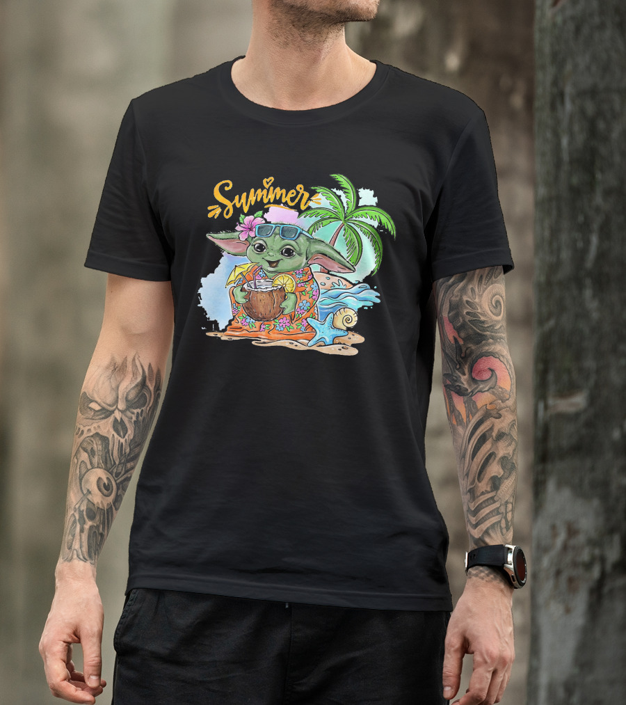 Summer Baby Yoda Beach Vibes With Palm And Coconut Drink T-Shirt