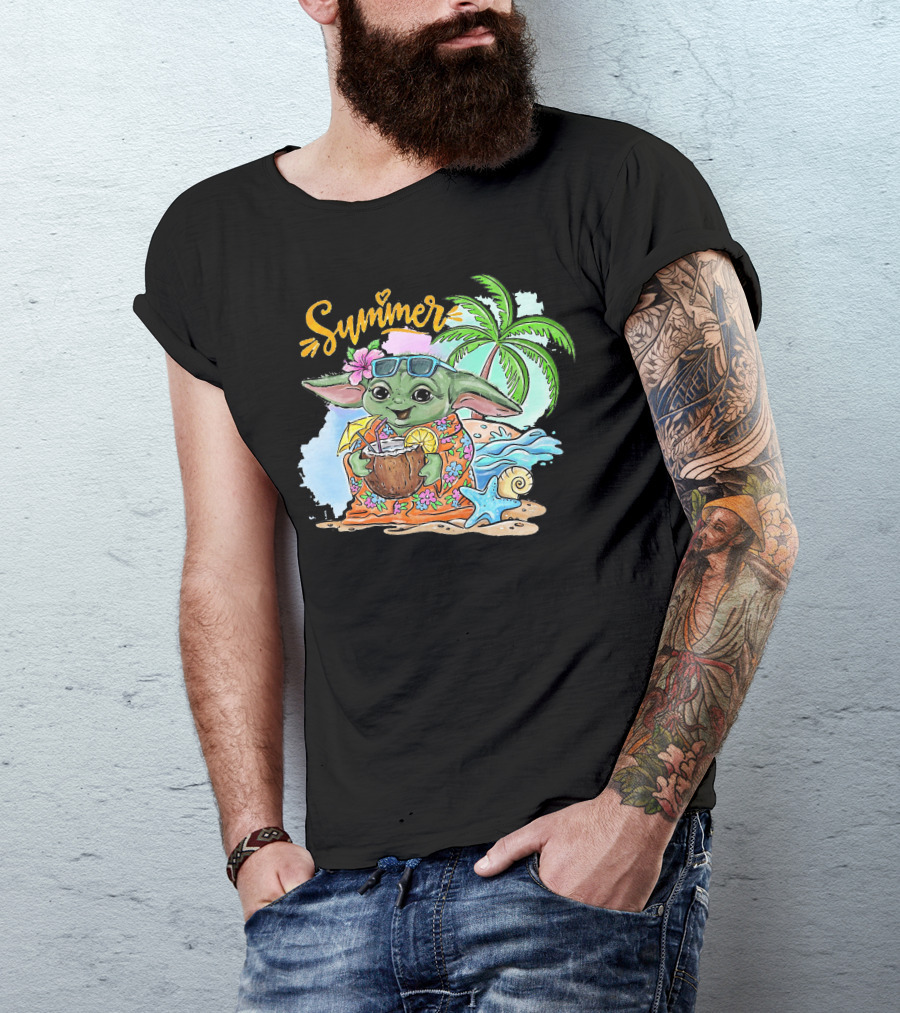 Summer Baby Yoda Beach Vibes With Palm And Coconut Drink T-Shirt