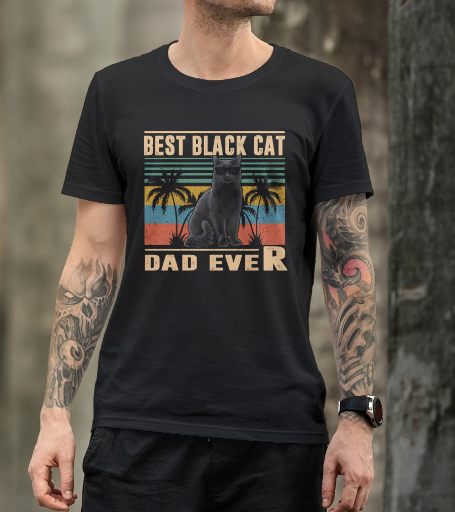 Best Black Cat Dad Ever Retro Palm Trees Sunglasses T-Shirt