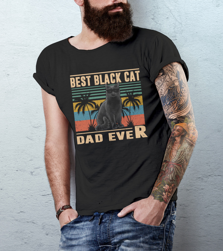 Best Black Cat Dad Ever Retro Palm Trees Sunglasses T-Shirt