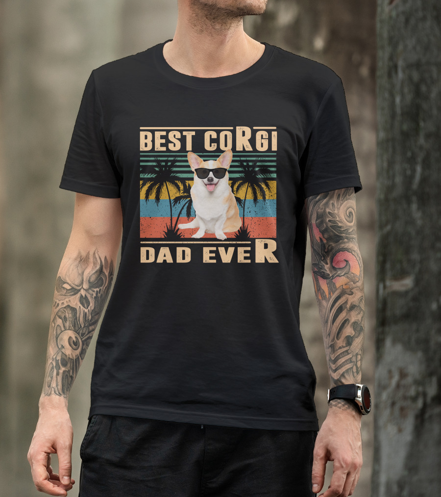 Best Corgi Dad Ever Retro Palm Trees Sunglasses T-Shirt