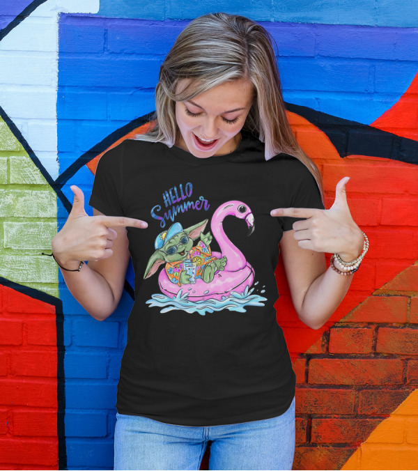 Hello Summer Yoda Flamingo Float Retro Fun T-Shirt
