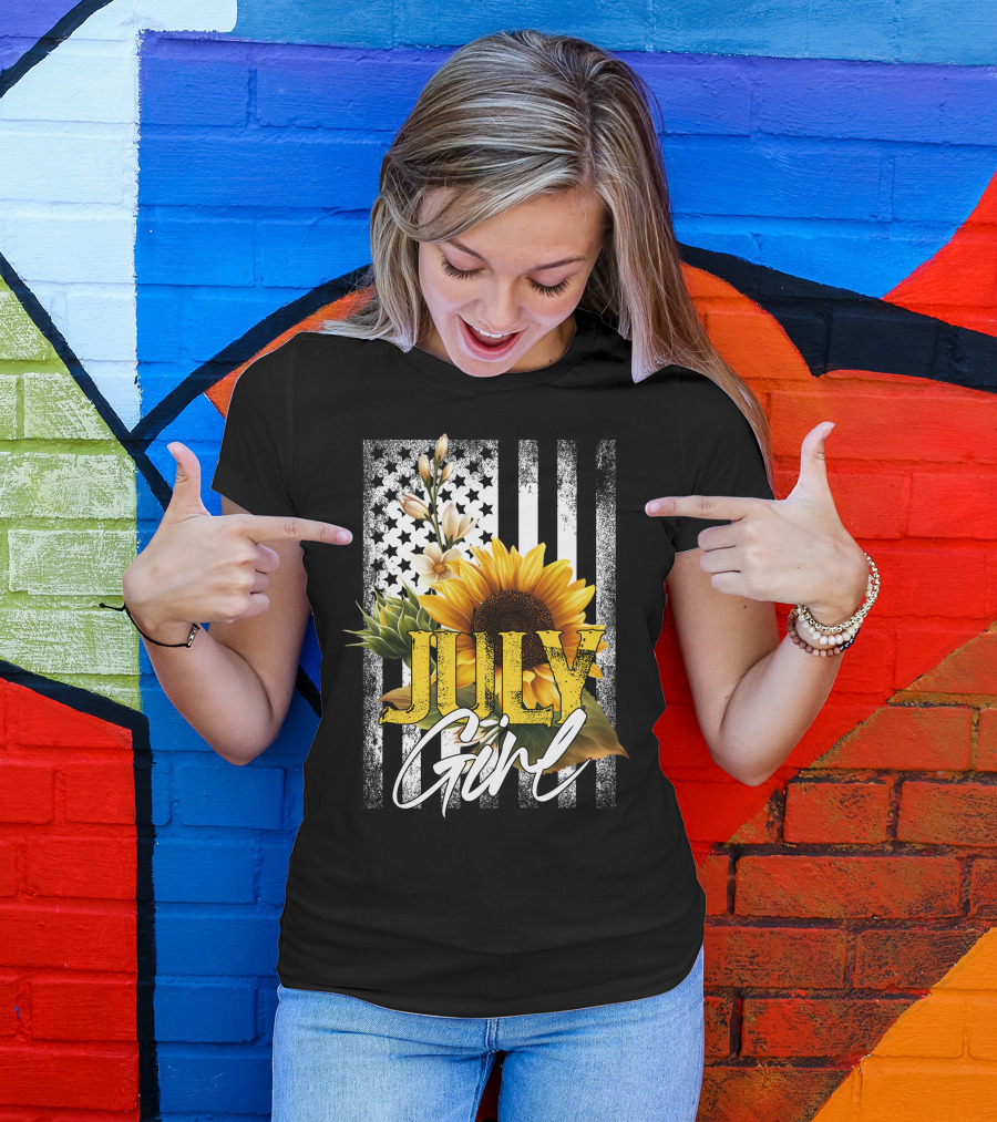 JULY GIRL Sunflower Floral American Flag T-Shirt