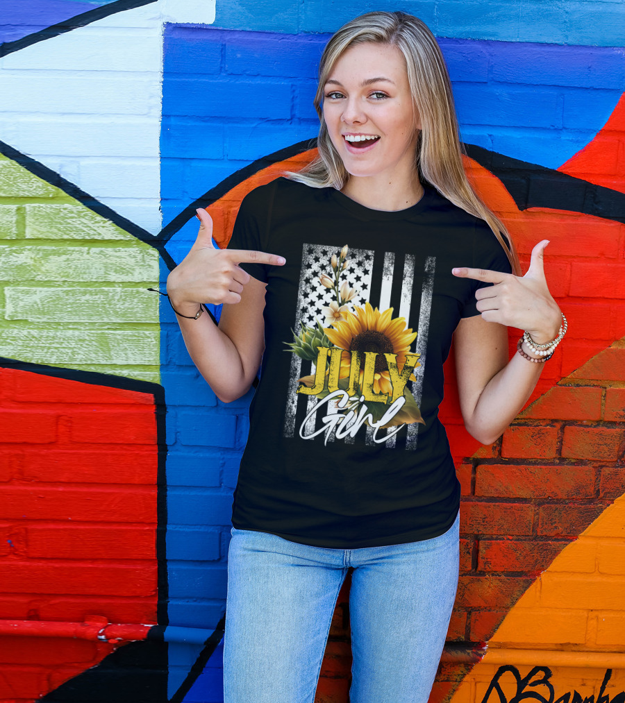 JULY GIRL Sunflower Floral American Flag T-Shirt