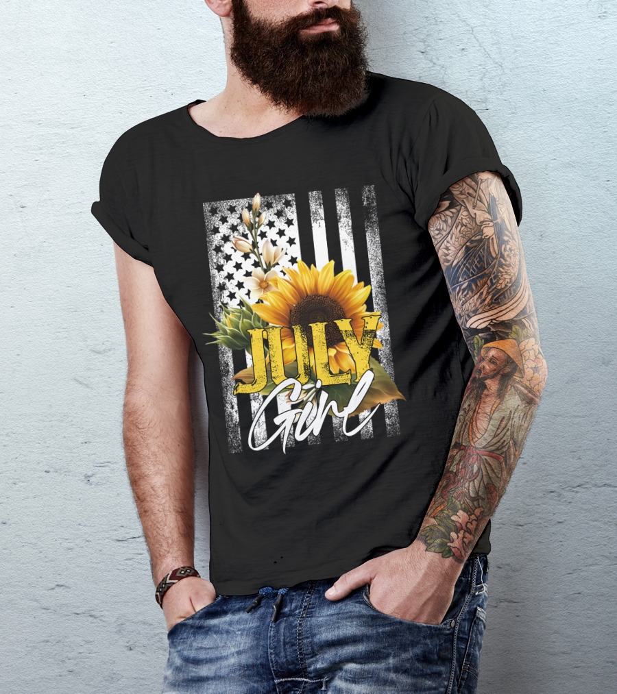JULY GIRL Sunflower Floral American Flag T-Shirt