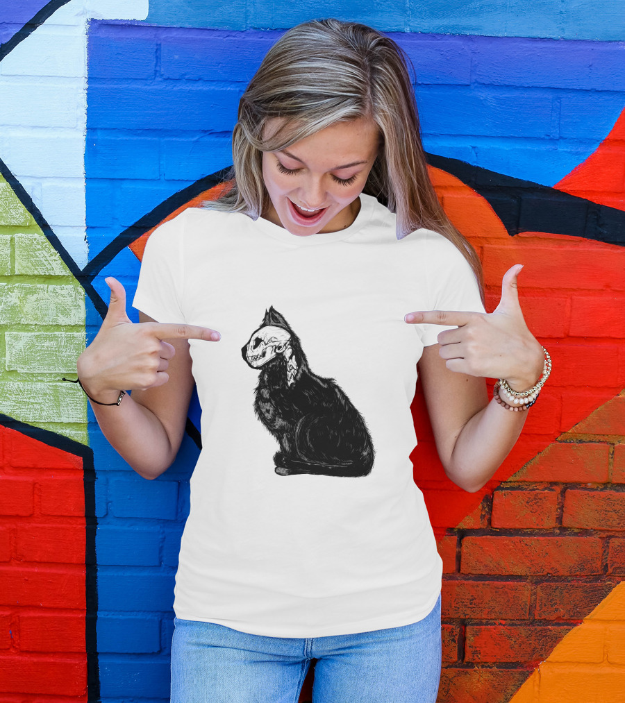 Kittycat Skeleton Illustration Cat Skull T-Shirt