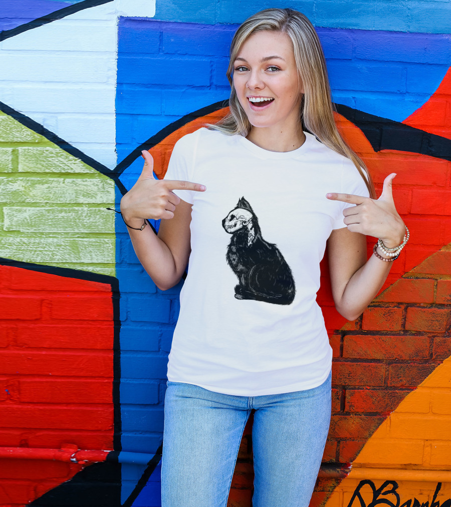 Kittycat Skeleton Illustration Cat Skull T-Shirt