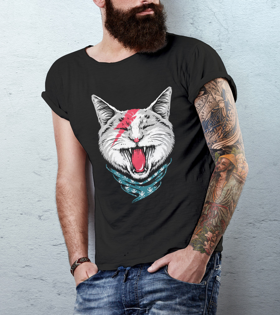 Ziggy Stardust Lightning Bolt Cat Bandana T-Shirt