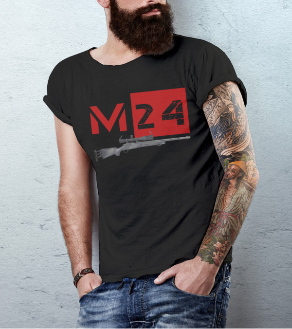 M24 Sniper Rifle Graphic With Distressed Red Text T-Shirt