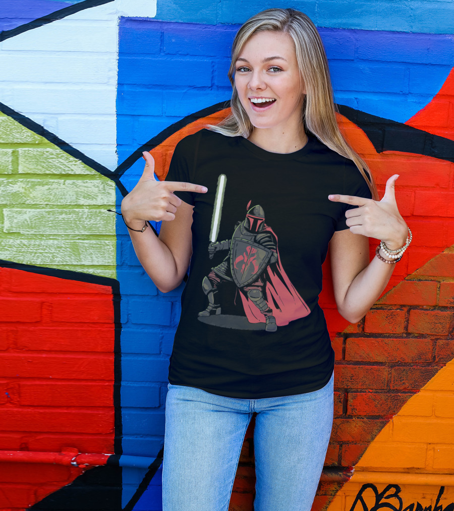 Mandalorian Knight With Lightsaber And Shield T-Shirt