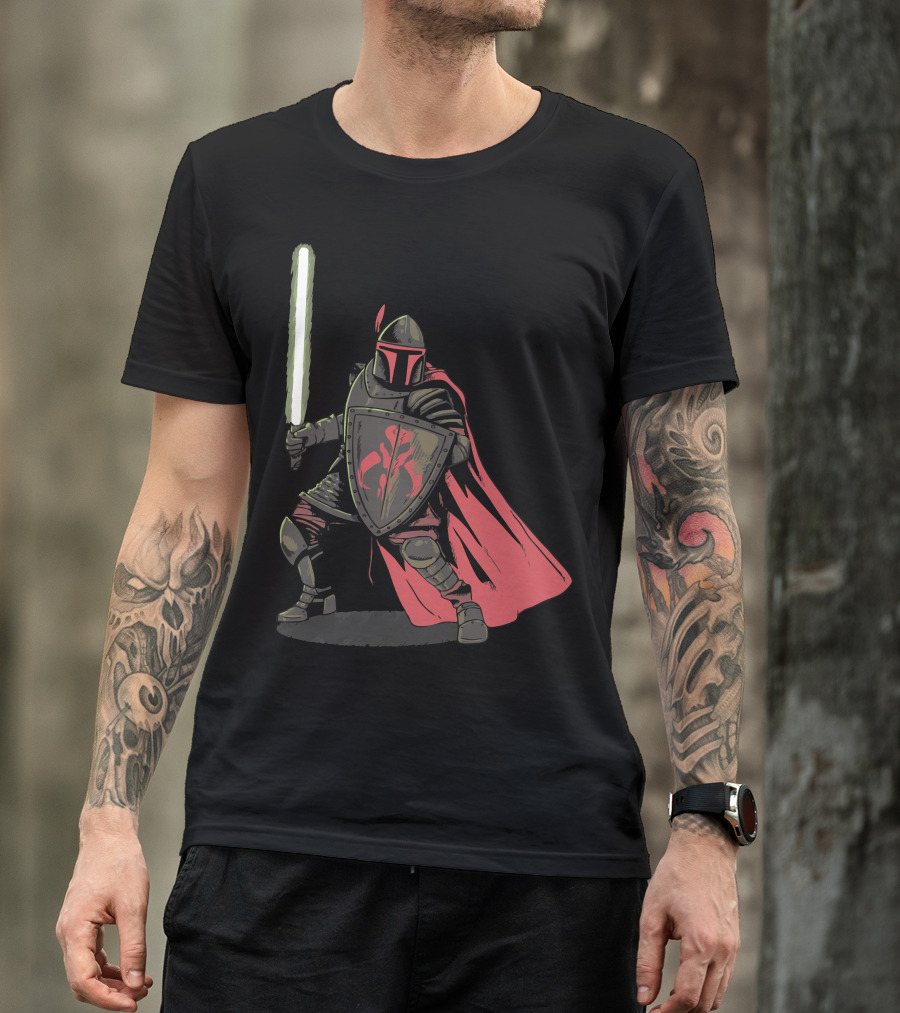 Mandalorian Knight With Lightsaber And Shield T-Shirt