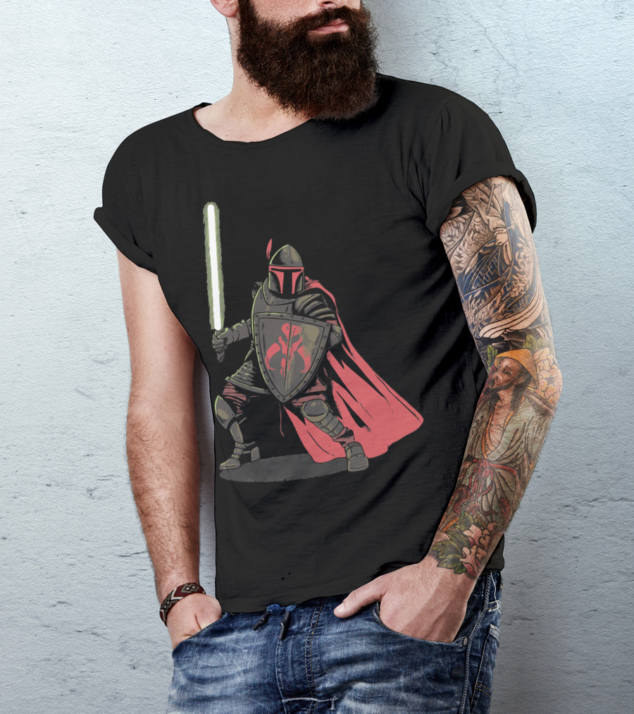 Mandalorian Knight With Lightsaber And Shield T-Shirt