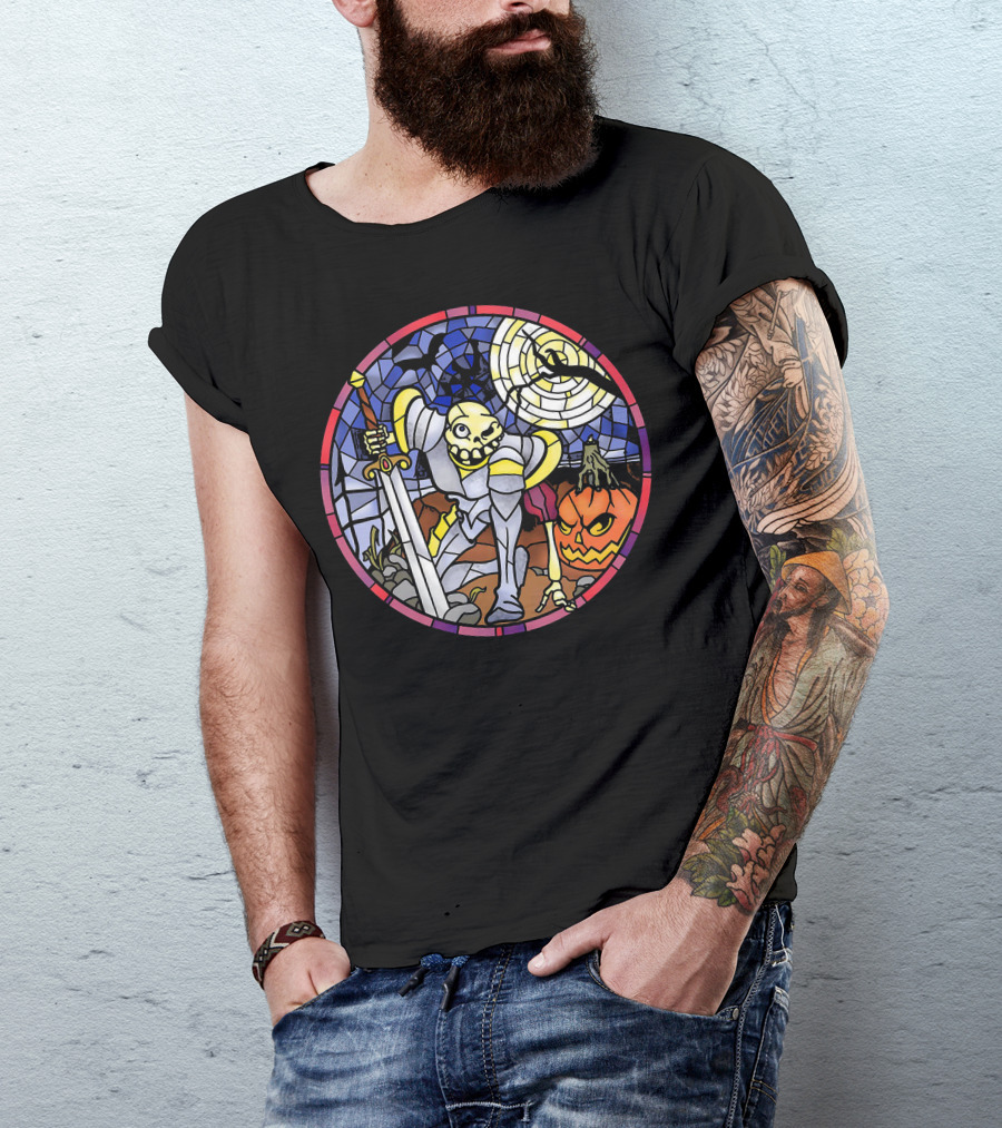 MediEvil Sir Daniel Fortesque Stained Glass Design Halloween Adventure T-Shirt