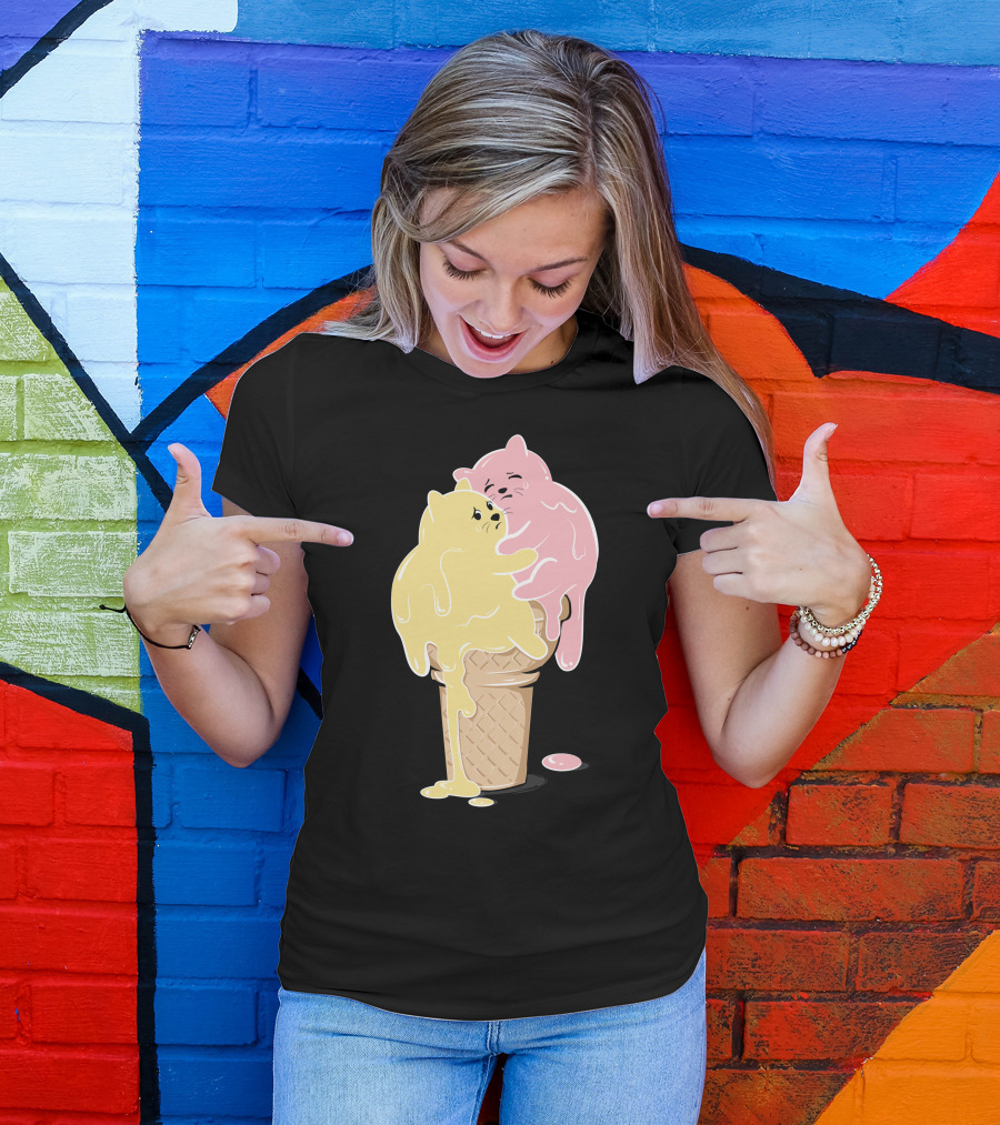 Melting Cats Ice Cream Cone Pastel Yellow And Pink T-Shirt