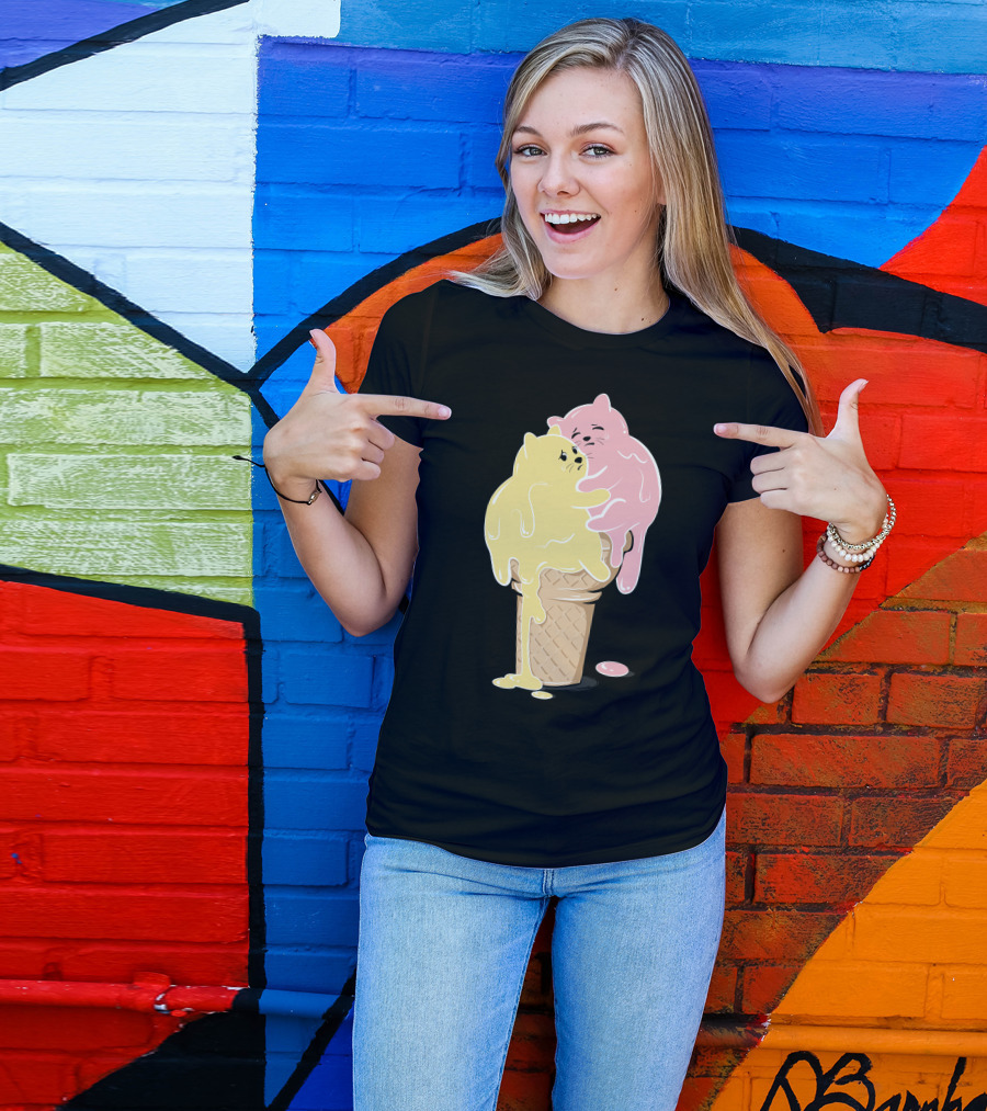 Melting Cats Ice Cream Cone Pastel Yellow And Pink T-Shirt