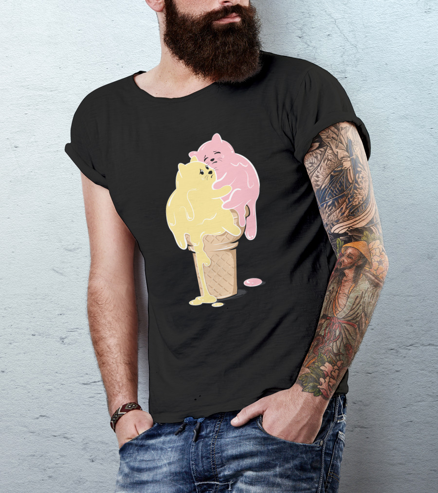 Melting Cats Ice Cream Cone Pastel Yellow And Pink T-Shirt