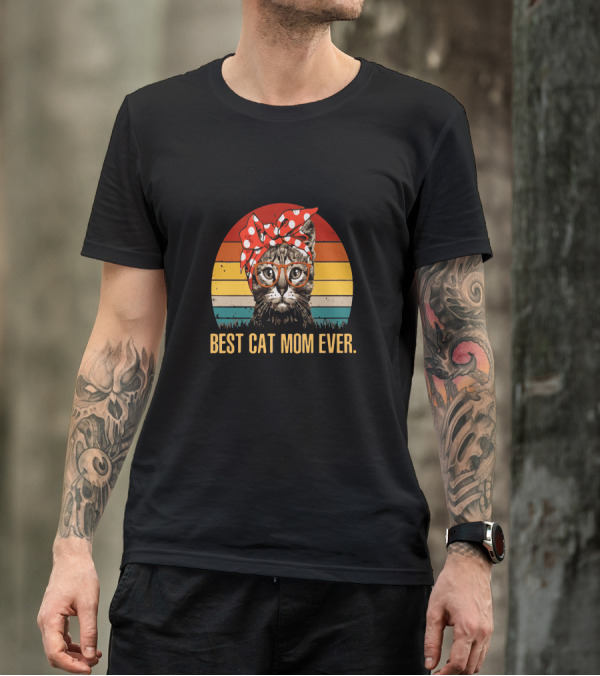 Best Cat Mom Ever Retro Cat With Polka Dot Bow And Glasses T-Shirt