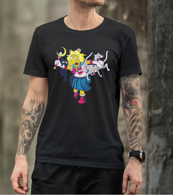 Homer Simpson Sailor Moon Parody With Luna And Artemis Cats T-Shirt