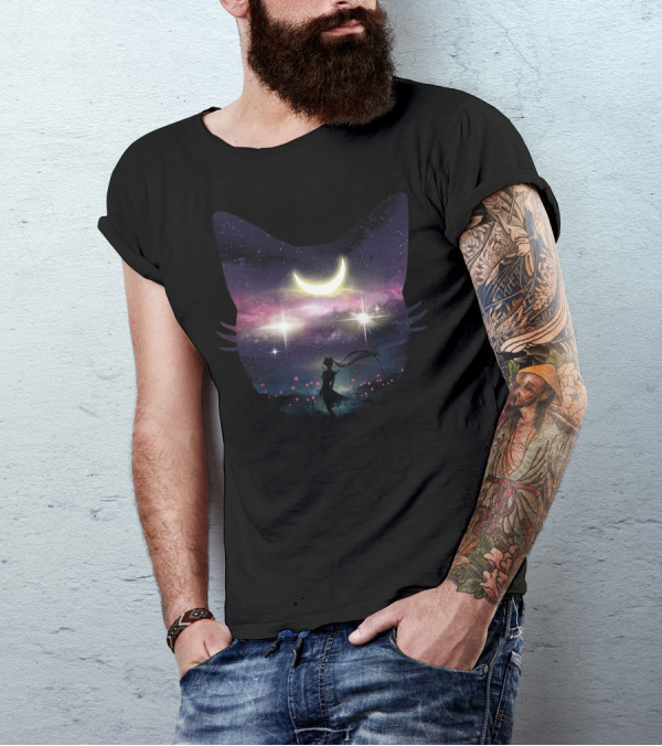 Moon Chaser Cat Silhouette Under Starry Sky With Crescent Moon And Silhouetted Figure T-Shirt