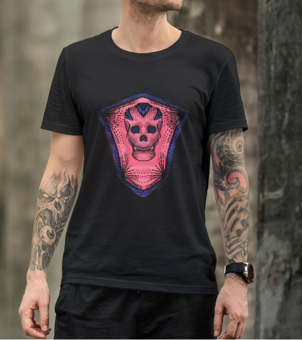 Pinky Skull Shield With Intricate Blue Accents T-Shirt